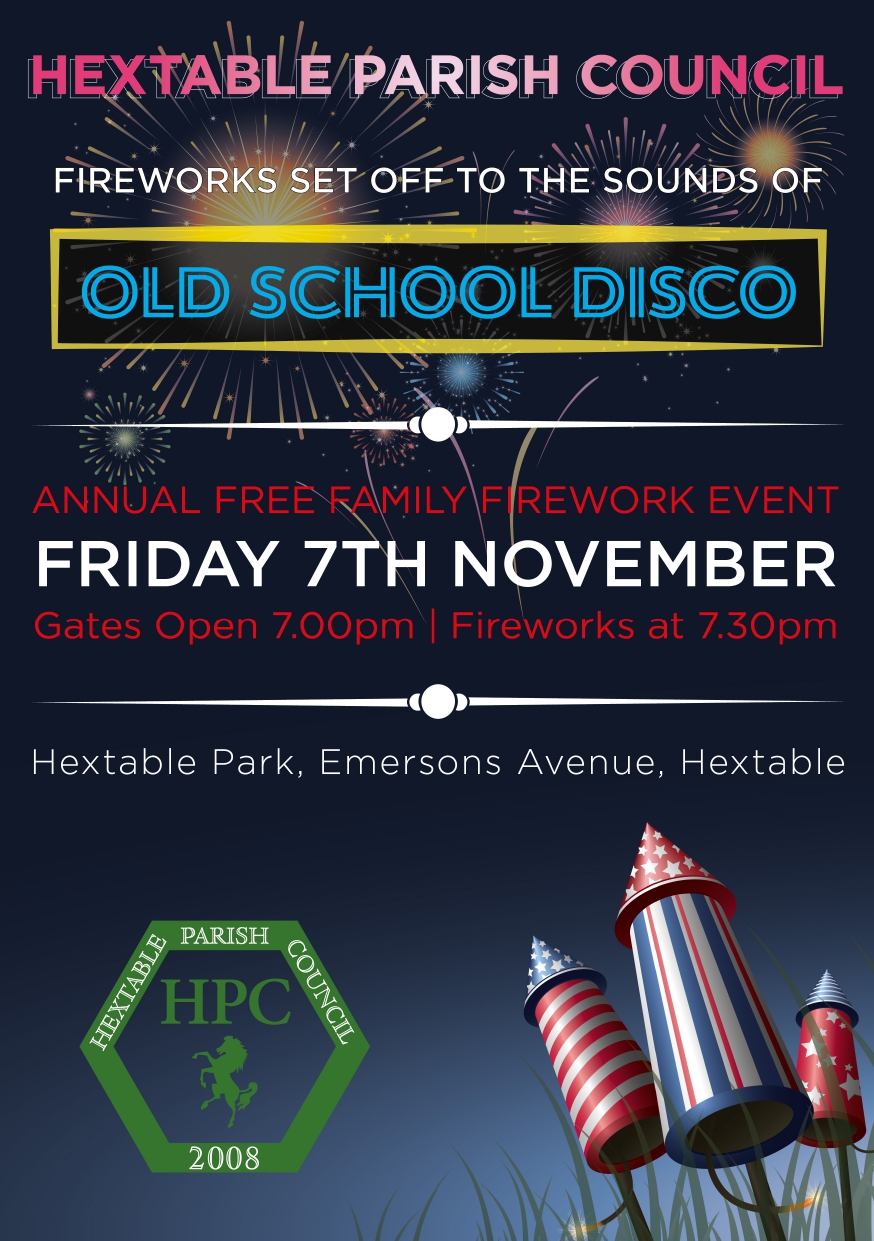 Annual Free Family Fireworks event poster, Friday 7th november Hextable Park