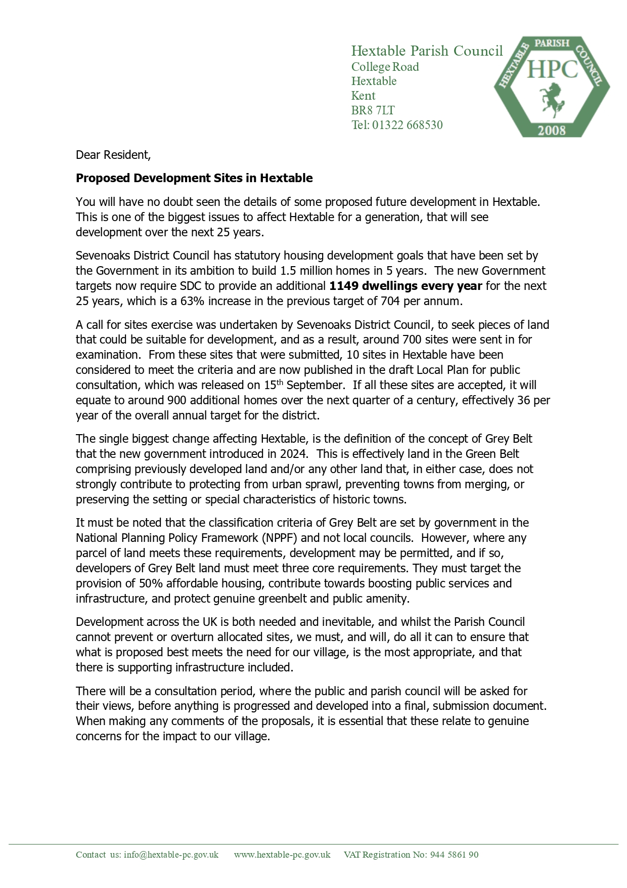 Letter from HPC regarding the local plan – full text available on linked page.